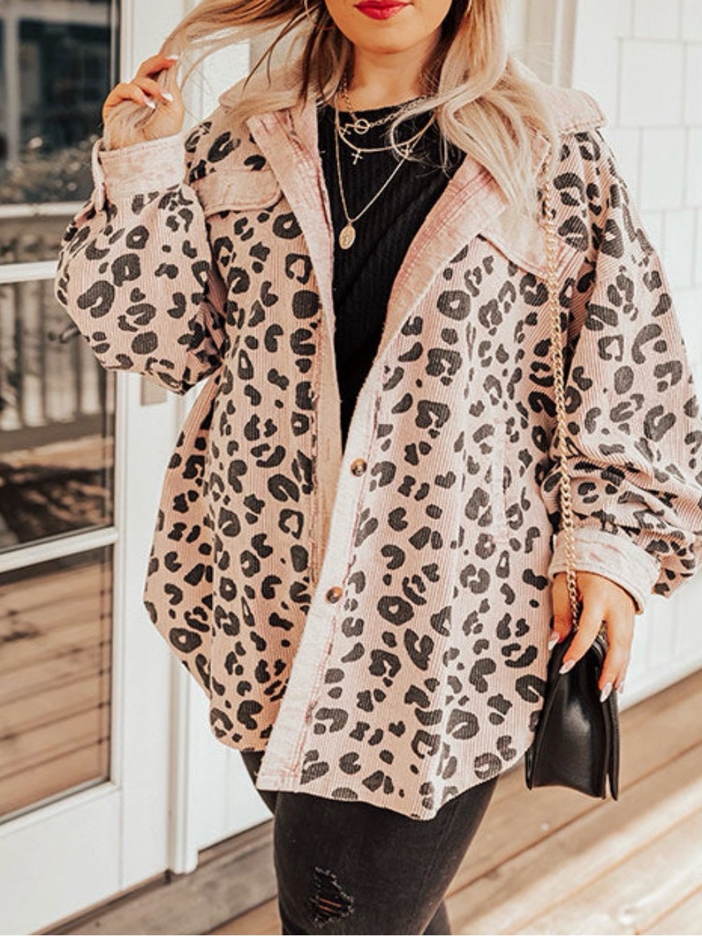 Casual Pink Leopard Oversized Corduroy Jacket size Medium